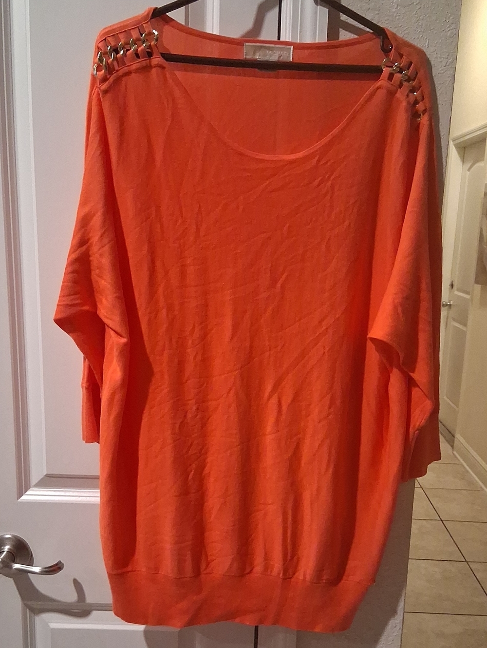 Michael Kors Bright Orange Dolman Sleeve Top with Gold Shoulder Rings